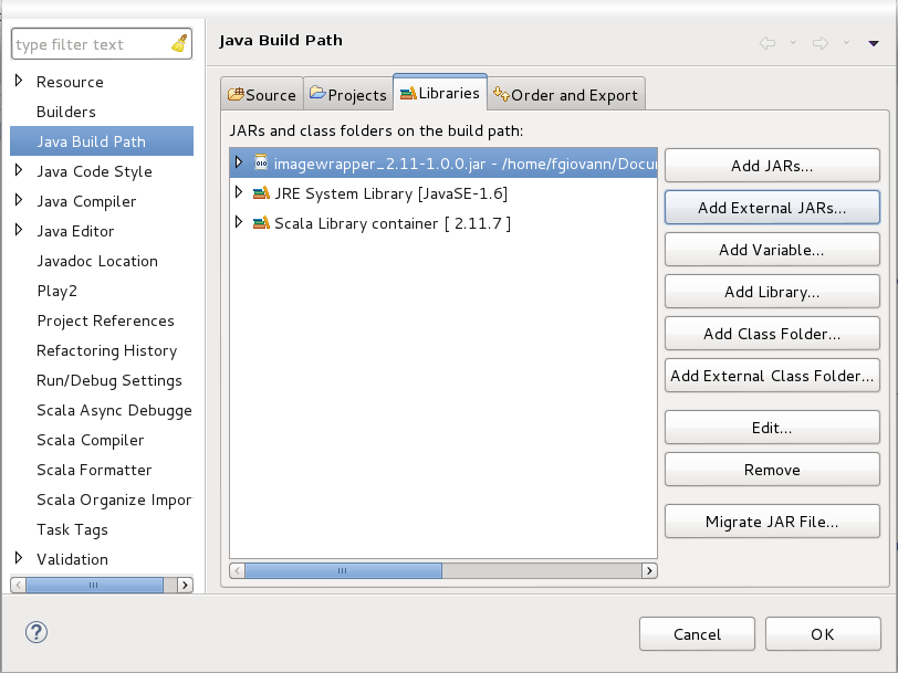 Image of the build path configuration dialog in ScalaIDE with the JAR file of the library